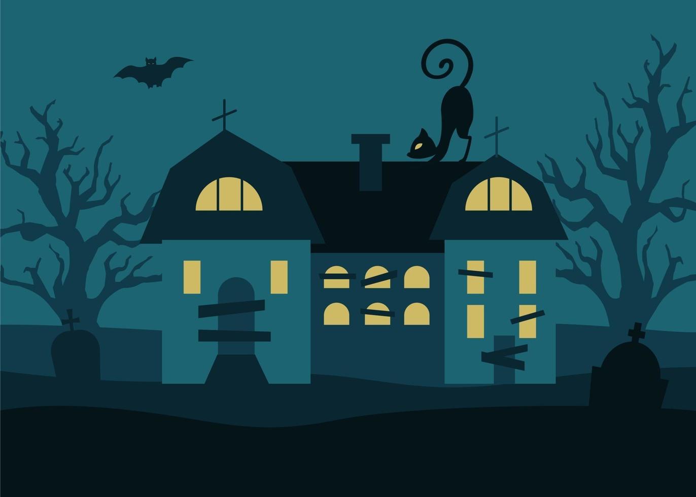 Halloween-Hintergrund mit düsterem Haus, Bäumen, Grabsteinen der schwarzen Katze und Fledermäusen vor einem Vollmondhintergrund. Vektorillustration im flachen Stil vektor
