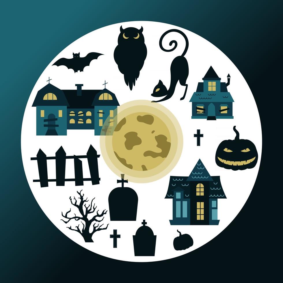 Halloween-Satz von Elementen isoliert auf weißem Hintergrund. Vektor-Illustration von mysteriösen Häusern, Mond, Silhouetten einer Eule, Baum, Kürbis, Grabdenkmäler der schwarzen Katze vektor