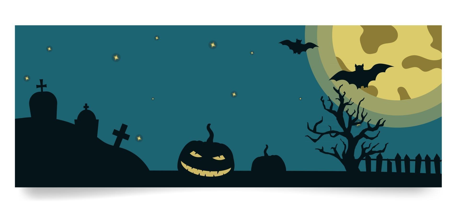 Halloween-Banner-Vorlage mit Baum, Kürbis, Grabsteinen, Mond, Fledermäusen auf Vollmondhintergrund. Vektorillustration im flachen Stil vektor