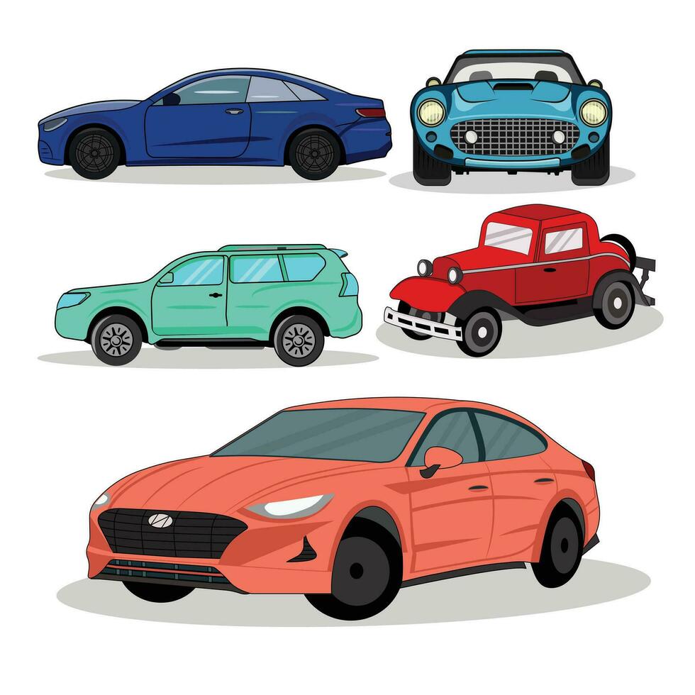 vektor bilar av annorlunda typer och färger vektor illustrationer uppsättning. bil mönster, sida se av halvkombi, sedan, kupé, suv, isolerat på vit bakgrund.