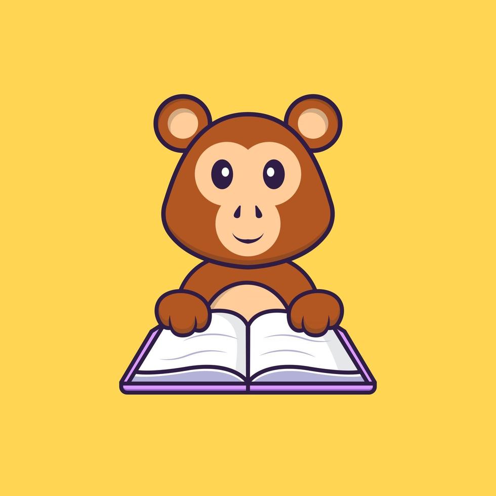 süßer Affe, der ein Buch liest. Tierkarikaturkonzept isoliert. kann für T-Shirt, Grußkarte, Einladungskarte oder Maskottchen verwendet werden. flacher Cartoon-Stil vektor