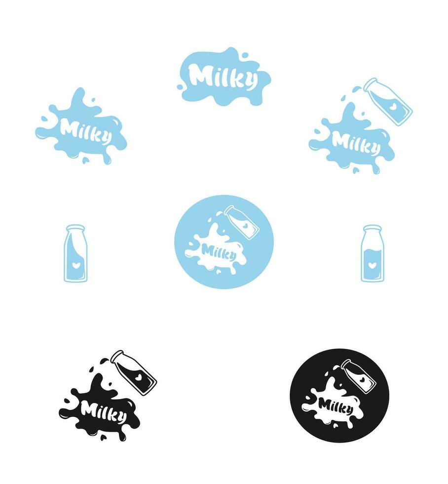 Milch Logo Aufkleber Vorlage, Marke, Milch Spritzen, Milch Flasche vektor