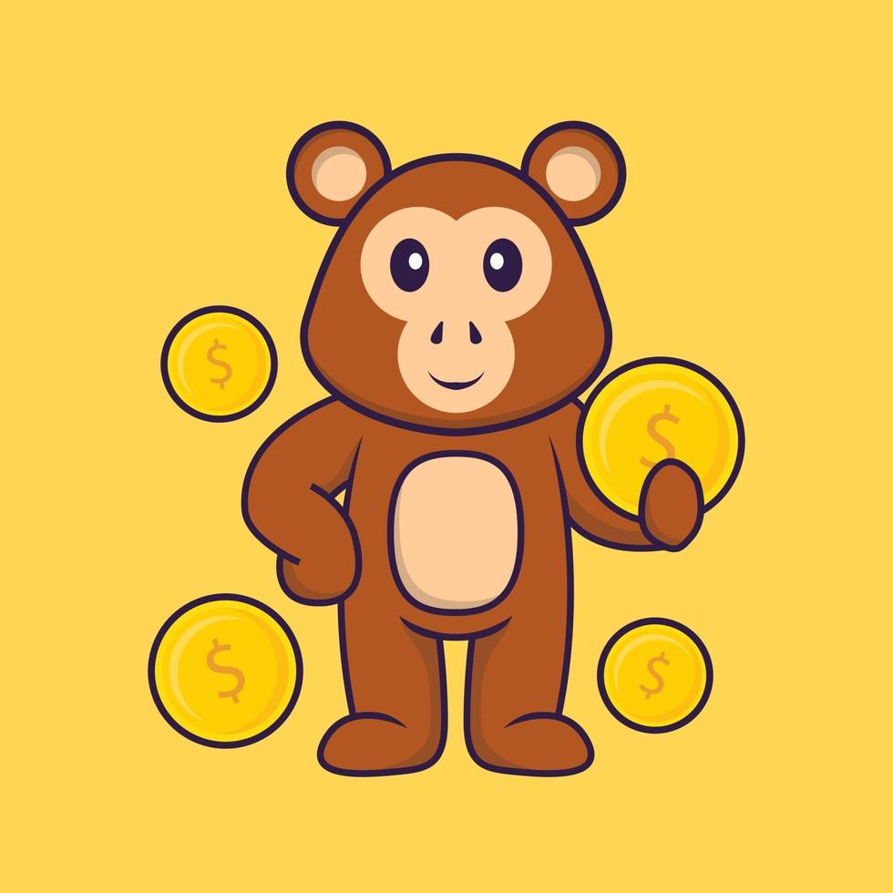 süßer Affe, der Münze hält. Tierkarikaturkonzept isoliert. kann für T-Shirt, Grußkarte, Einladungskarte oder Maskottchen verwendet werden. flacher Cartoon-Stil vektor