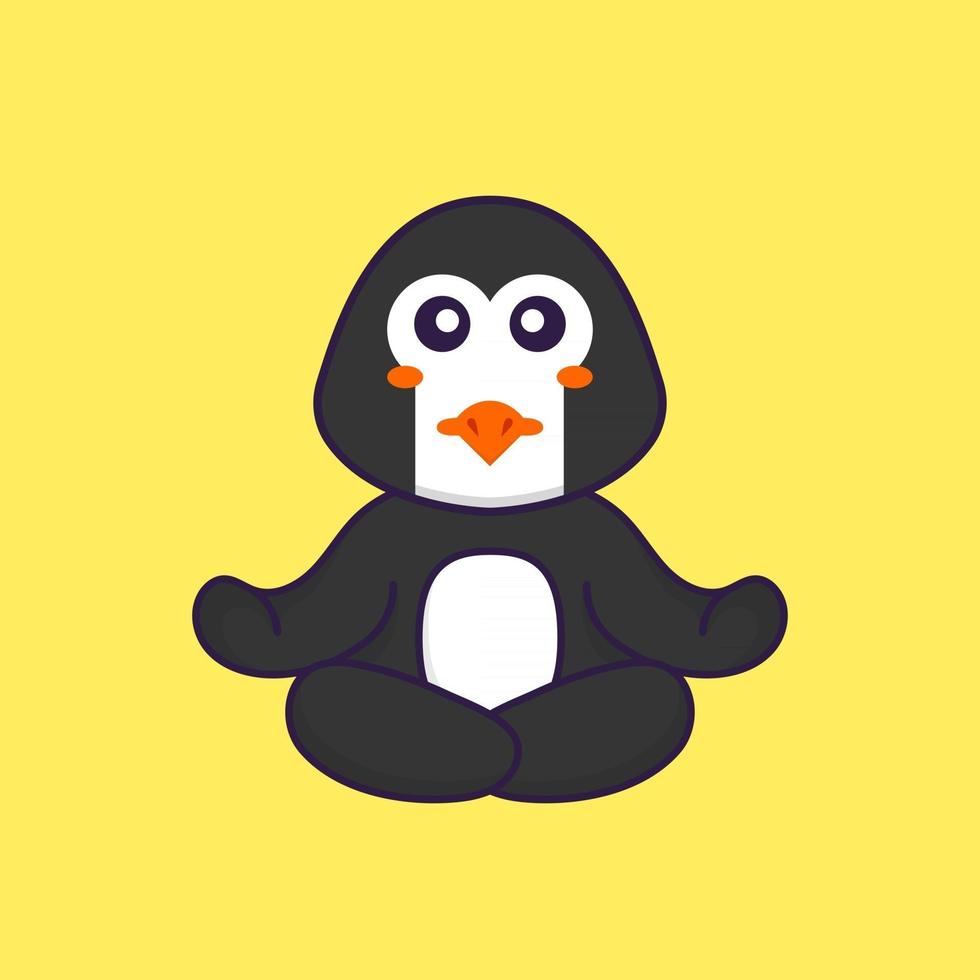 Der süße Pinguin meditiert oder macht Yoga. Tierkarikaturkonzept isoliert. kann für T-Shirt, Grußkarte, Einladungskarte oder Maskottchen verwendet werden. flacher Cartoon-Stil vektor