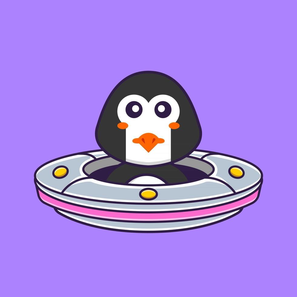 süßer Pinguin, der das Raumschiff UFO fährt. Tierkarikaturkonzept isoliert. kann für T-Shirt, Grußkarte, Einladungskarte oder Maskottchen verwendet werden. flacher Cartoon-Stil vektor
