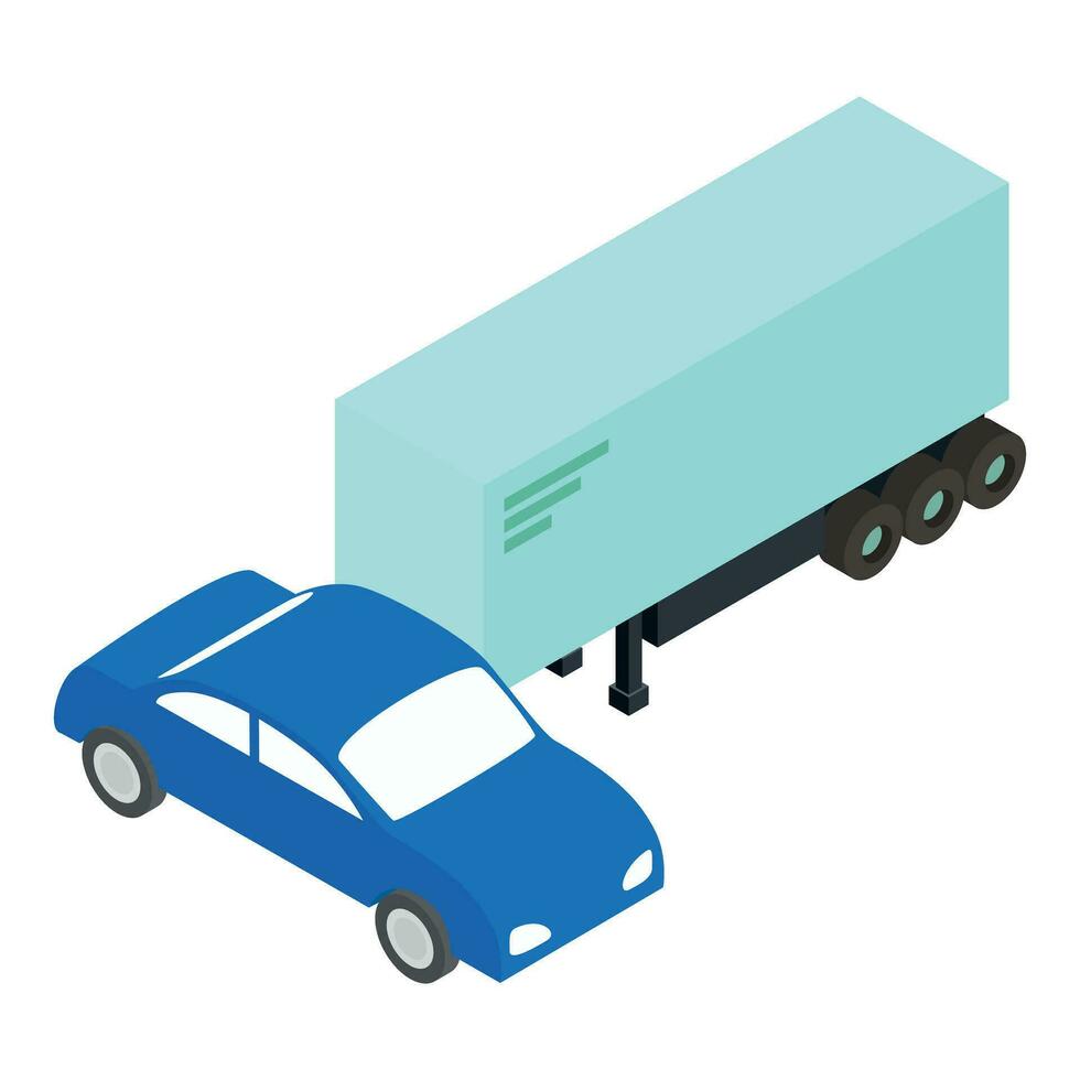 Transport Versicherung Symbol isometrisch Vektor. Blau Passagier Auto und halb Anhänger vektor