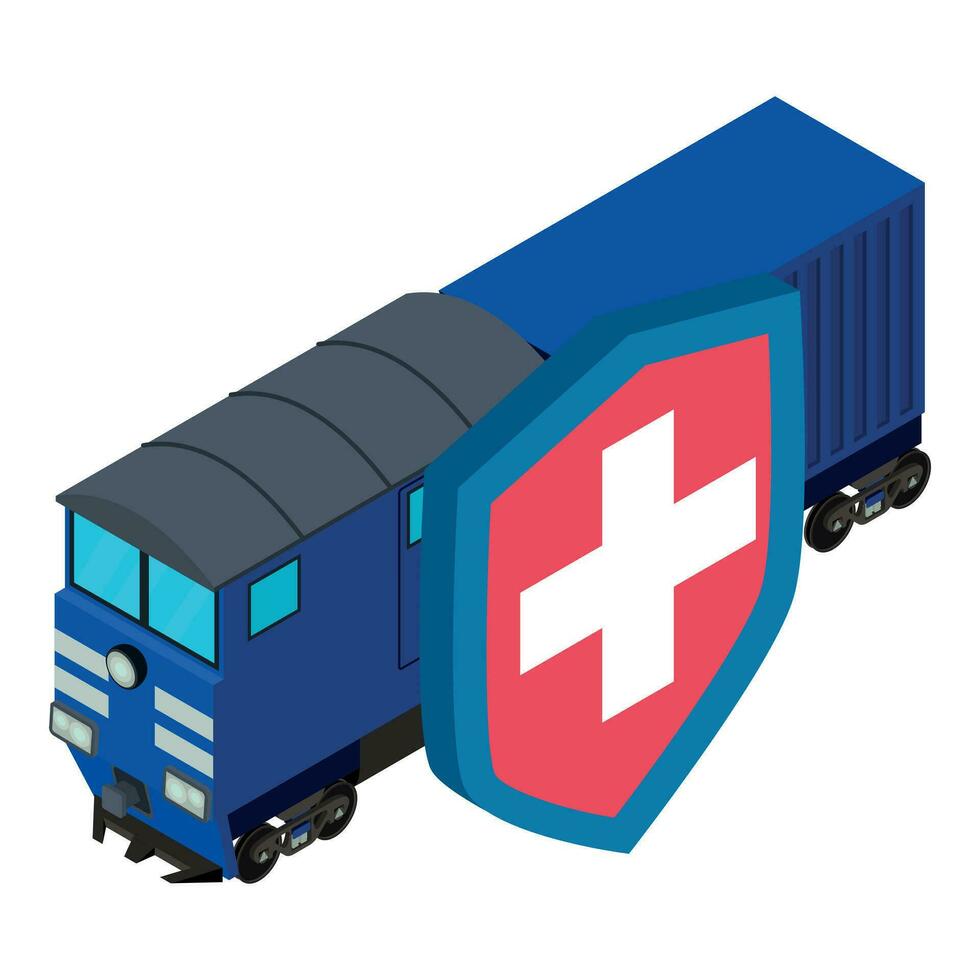 Schiene Versicherung Symbol isometrisch Vektor. Eisenbahn Lokomotive hinter symbolisch Schild vektor