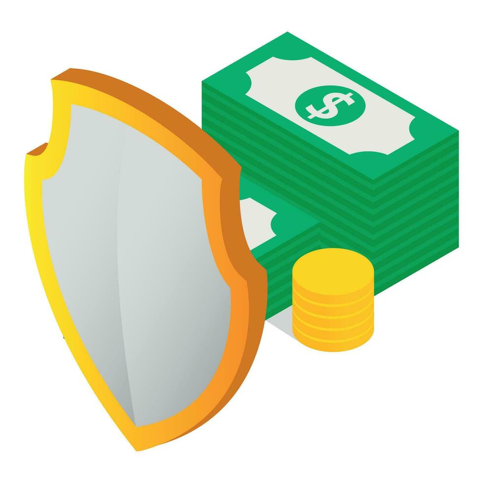 finansiell försäkring ikon isometrisk vektor. dollar räkningen och mynt Bakom skydda vektor