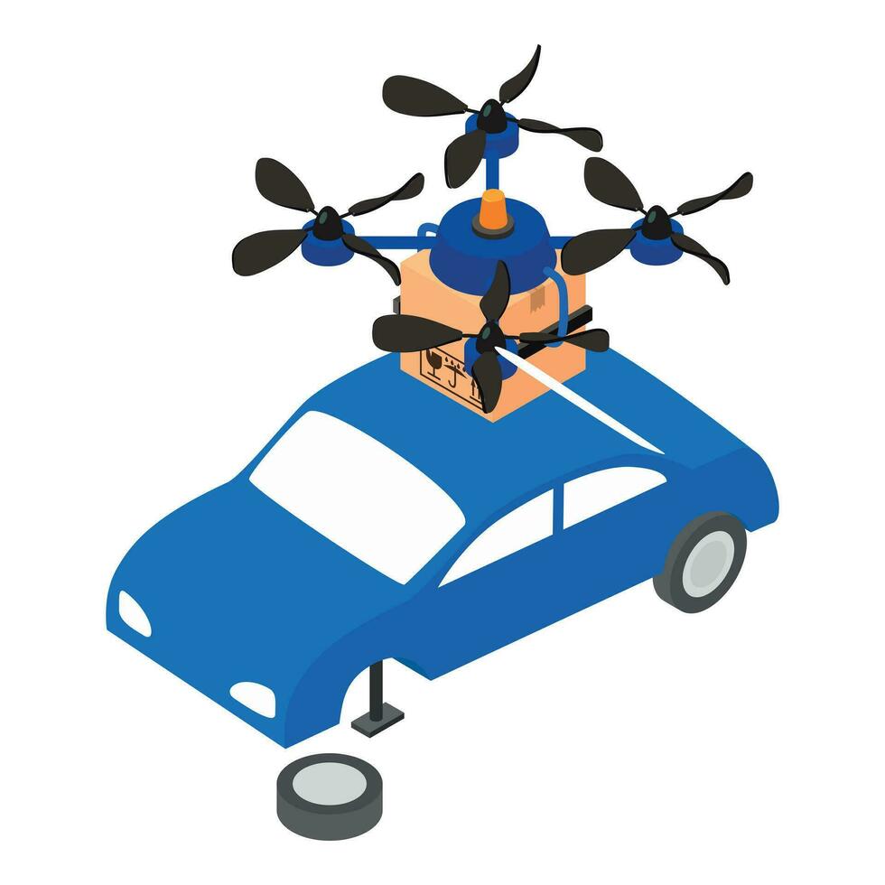 Auto Versicherung Symbol isometrisch Vektor. Quadcopter Drohne mit Paket und Reparatur Auto vektor