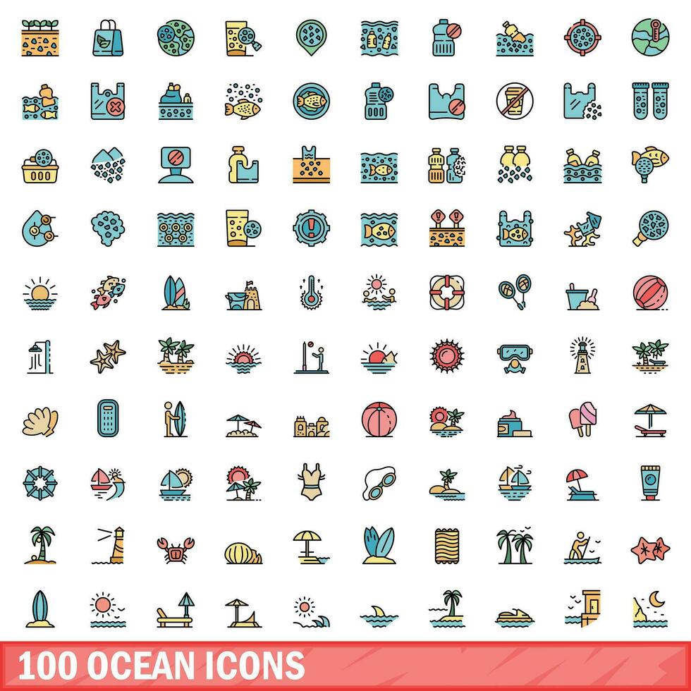 100 Ozean Symbole Satz, Farbe Linie Stil vektor