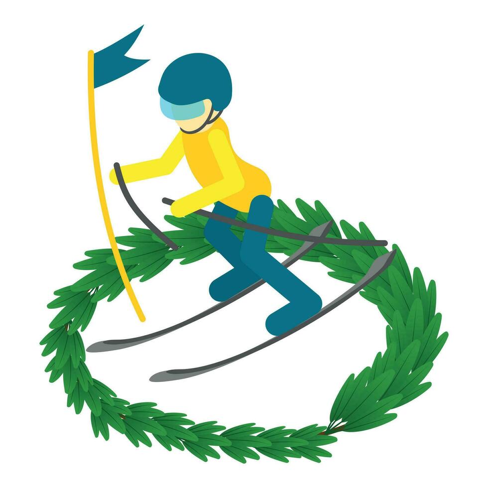 Ski Sport Symbol isometrisch Vektor. jung männlich Skifahrer während Winter Wettbewerb Symbol vektor