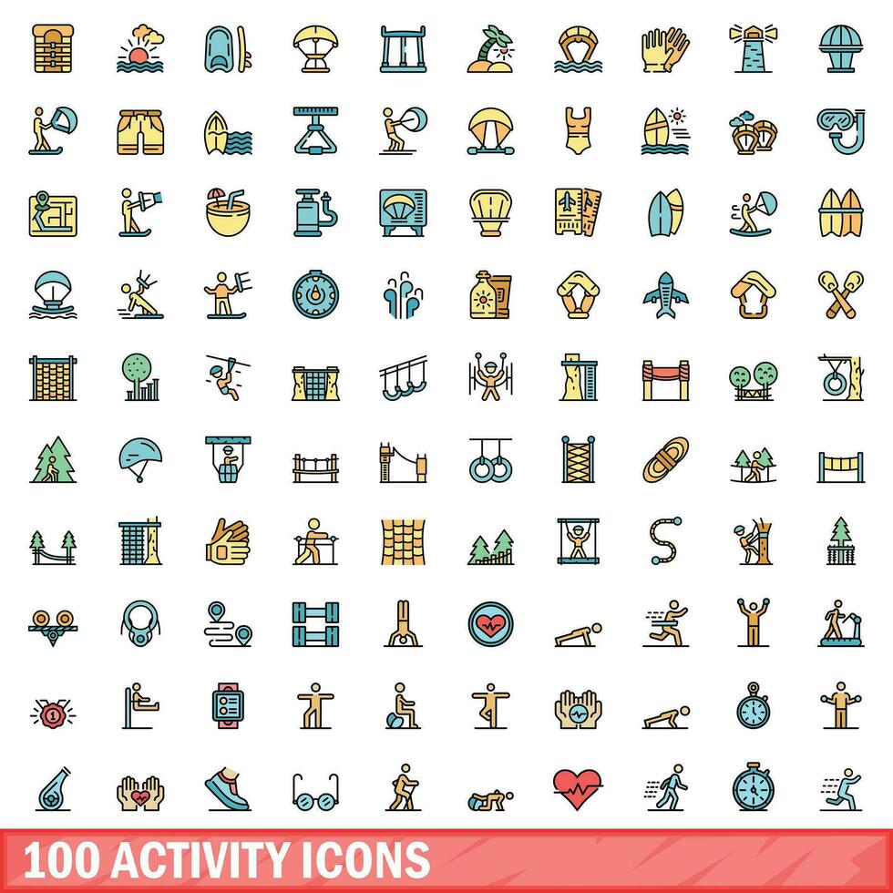 100 aktivitet ikoner uppsättning, Färg linje stil vektor