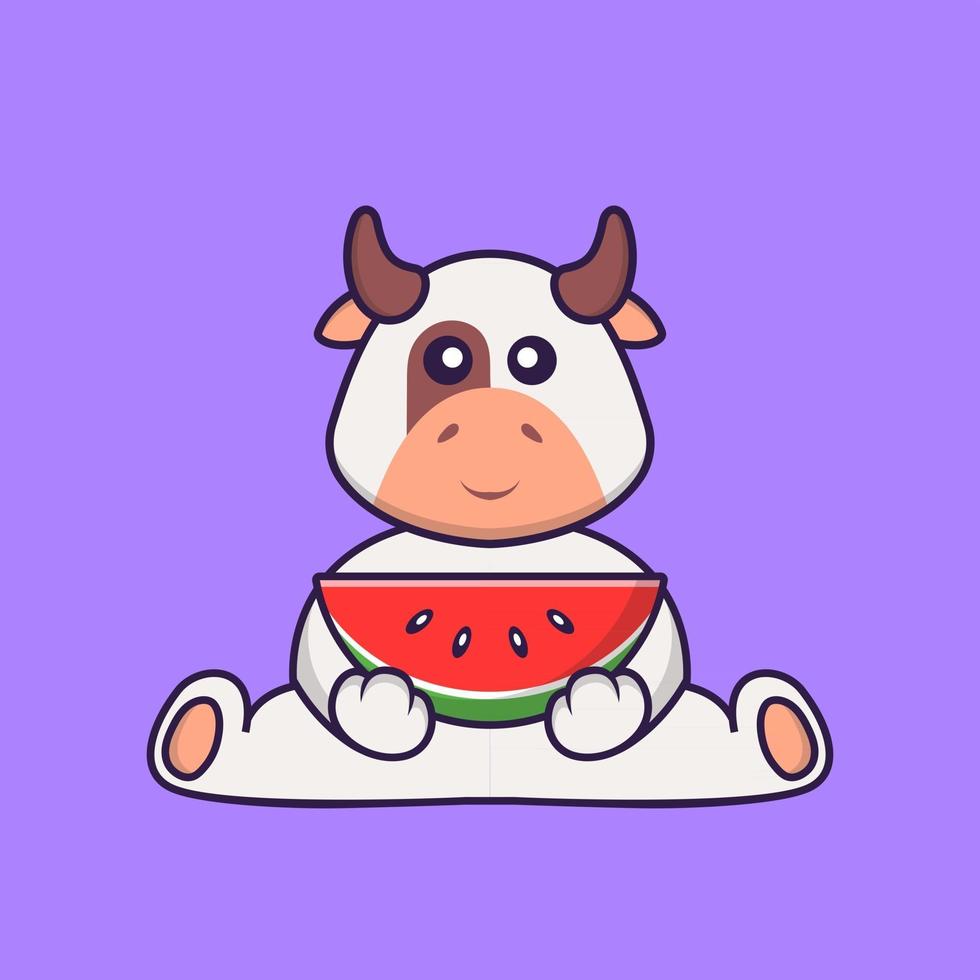 söt ko som äter vattenmelon. djur tecknad koncept isolerad. kan användas för t-shirt, gratulationskort, inbjudningskort eller maskot. platt tecknad stil vektor