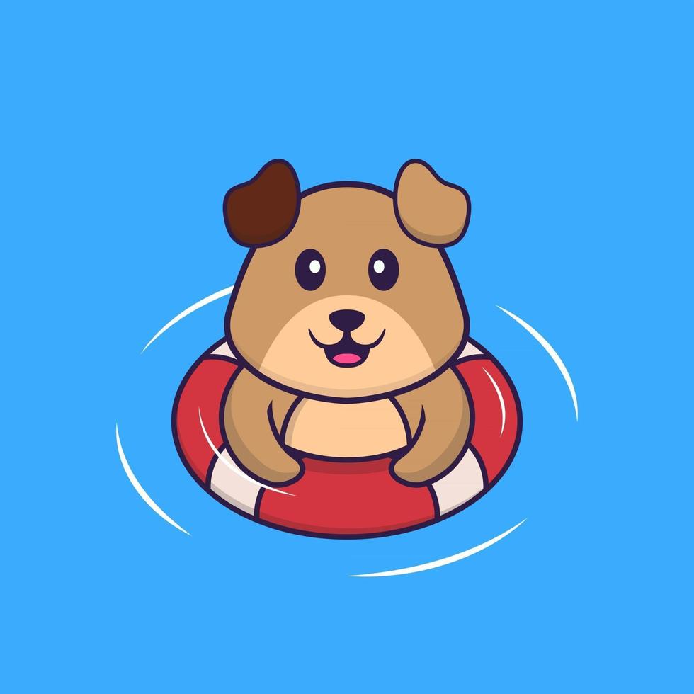 süßer Hund schwimmt mit einer Boje. Tierkarikaturkonzept isoliert. kann für T-Shirt, Grußkarte, Einladungskarte oder Maskottchen verwendet werden. flacher Cartoon-Stil vektor