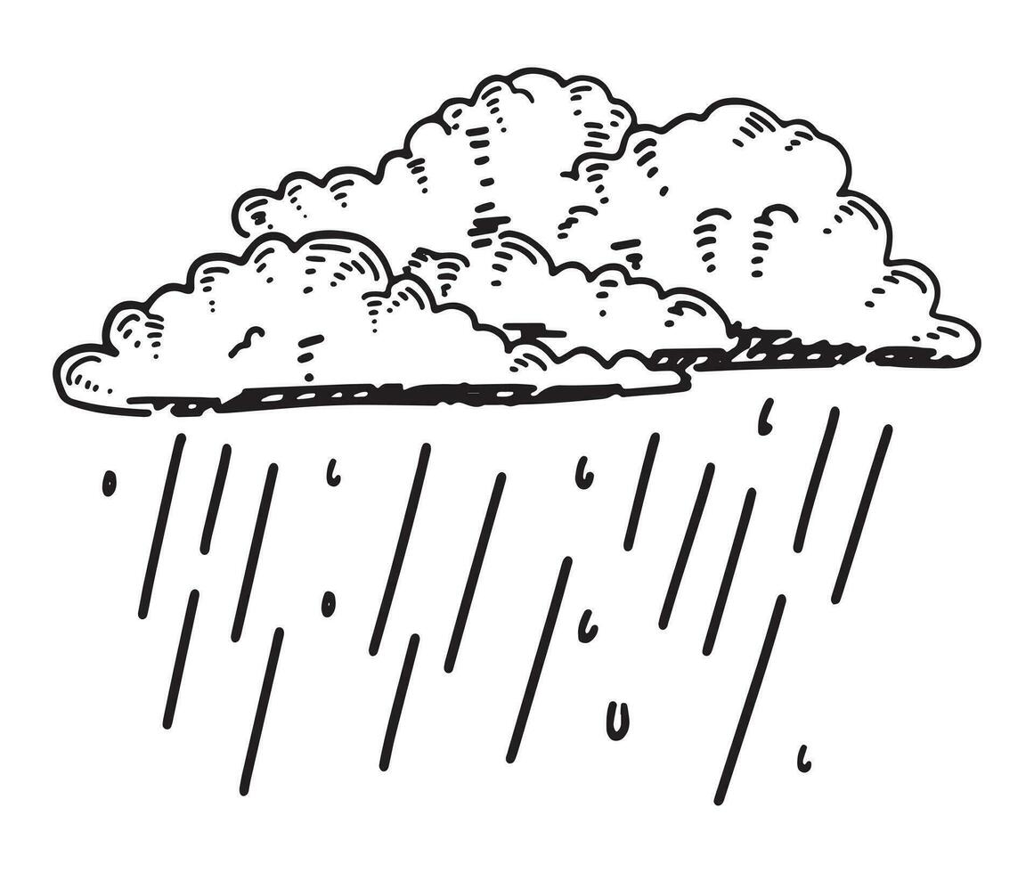 Gekritzel von Regen Wolken. Gliederung Zeichnung von nass Wetter Symbol. Hand gezeichnet Vektor Illustration. Single Clip Art isoliert auf Weiß Hintergrund.