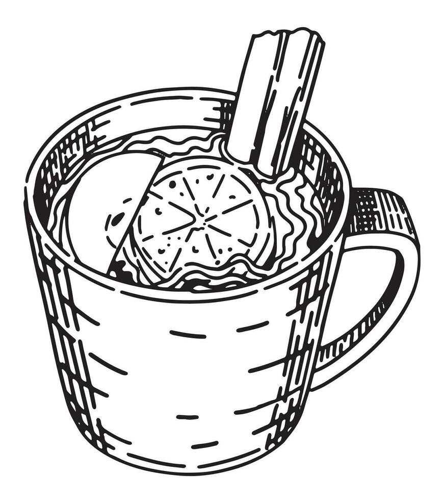 Gekritzel von Tasse von Tee. trinken mit Zimt, Zitrone und Apfel. skizzieren von kalt Jahreszeit gemütlich Getränk. Hand gezeichnet Vektor Illustration isoliert auf Weiß.