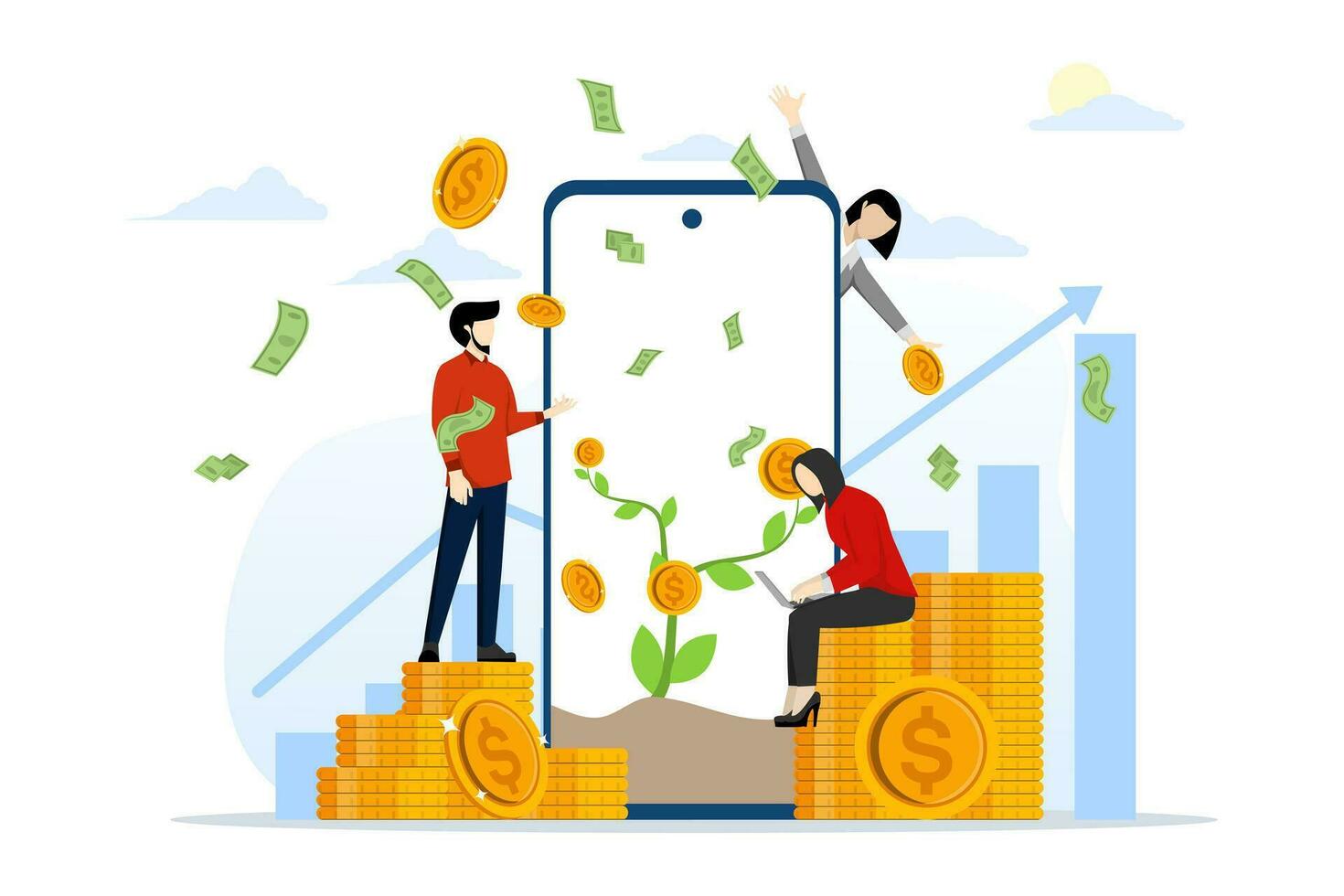 Geschäft Menschen erklären Wie zu machen Mehr Geld von Smartphones. Menschen Sitzung auf ein Stapel von Gold Münzen Arbeiten online haben ein interessant Idee, eben Vektor Illustration auf ein Weiß Hintergrund.