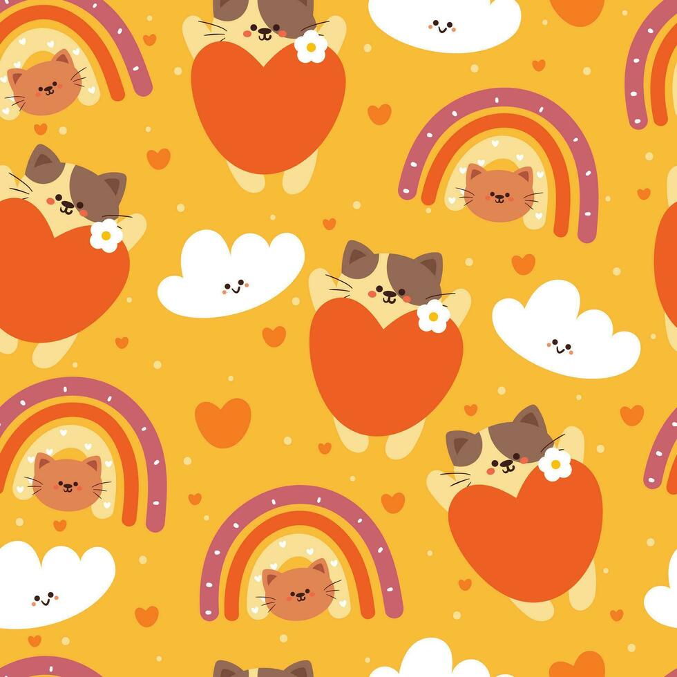 sömlös mönster tecknad serie katt, orange hjärta och himmel element. söt djur- tapet för textil, gåva slå in papper vektor