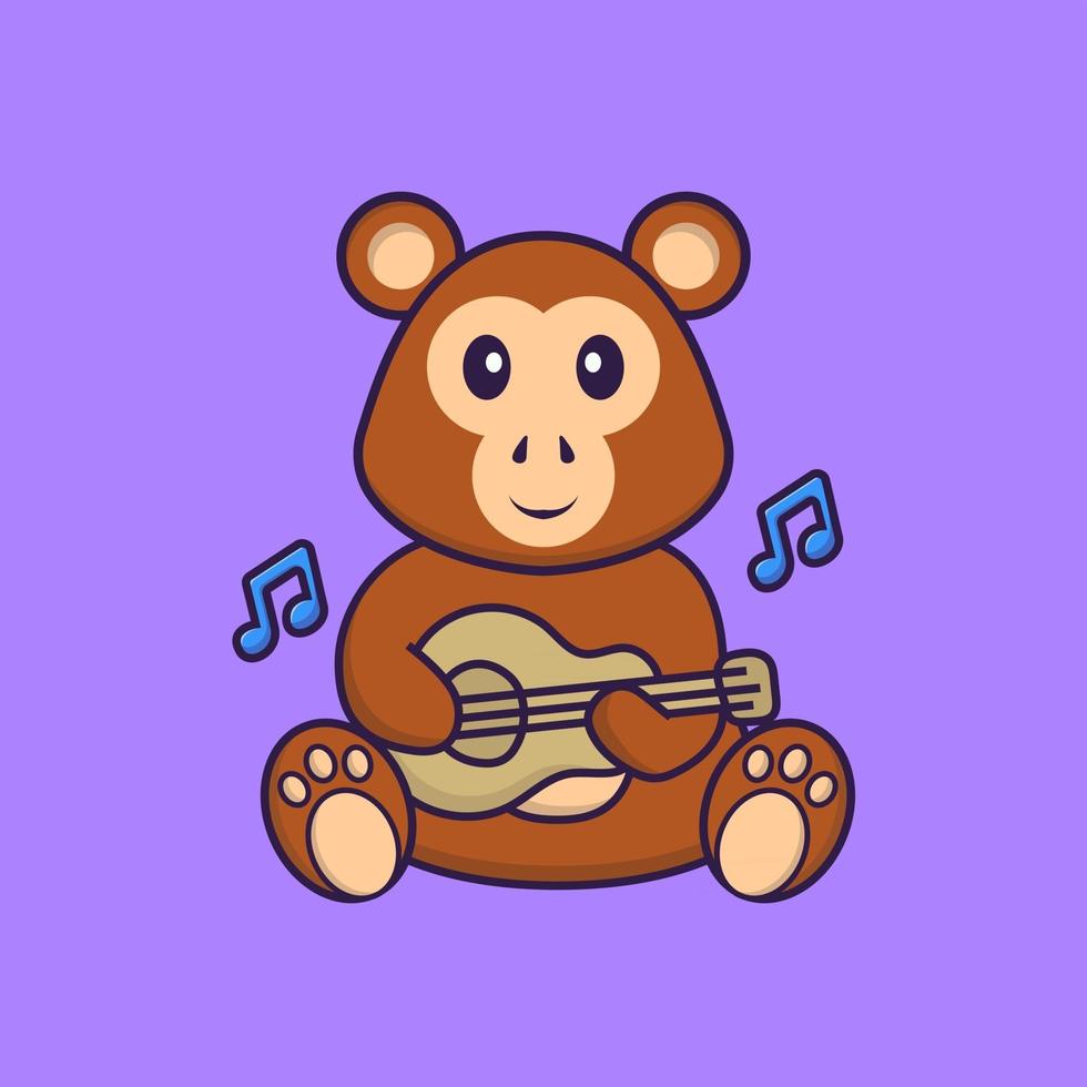 süßer Affe, der Gitarre spielt. Tierkarikaturkonzept isoliert. kann für T-Shirt, Grußkarte, Einladungskarte oder Maskottchen verwendet werden. flacher Cartoon-Stil vektor