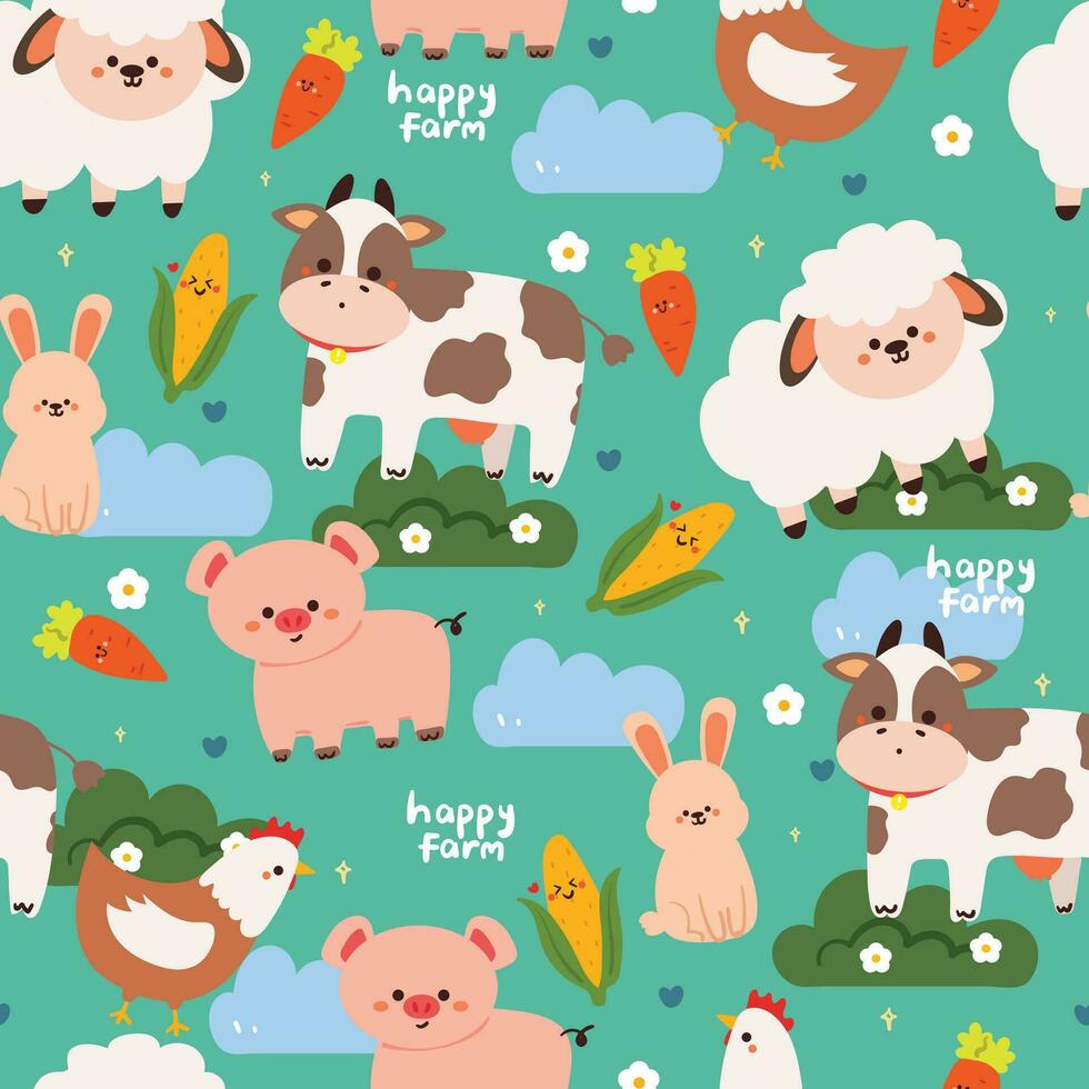 nahtlos Muster Karikatur Tier Bauernhof. süß Schaf, Kuh, Schwein, Hähnchen und Hase vektor