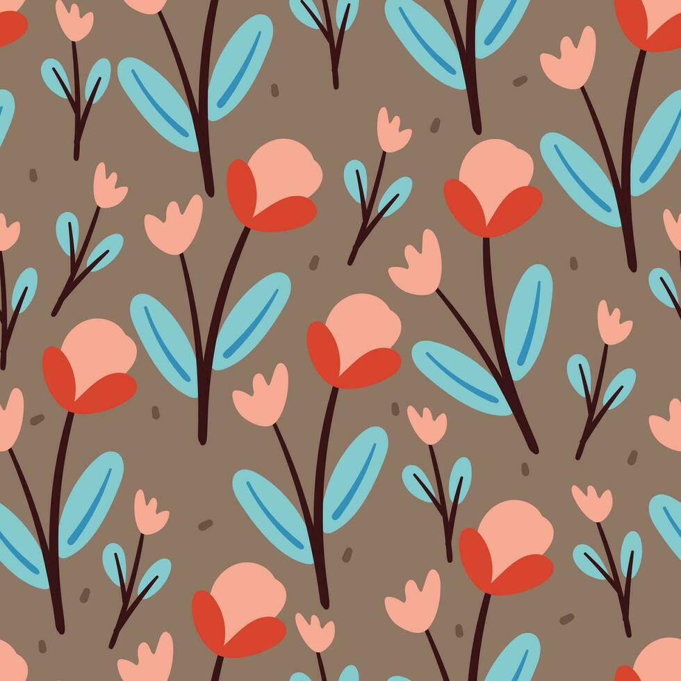 nahtlos Muster Karikatur Blume und Blätter. botanisch Hintergrund zum Textil, Geschenk wickeln Papier vektor