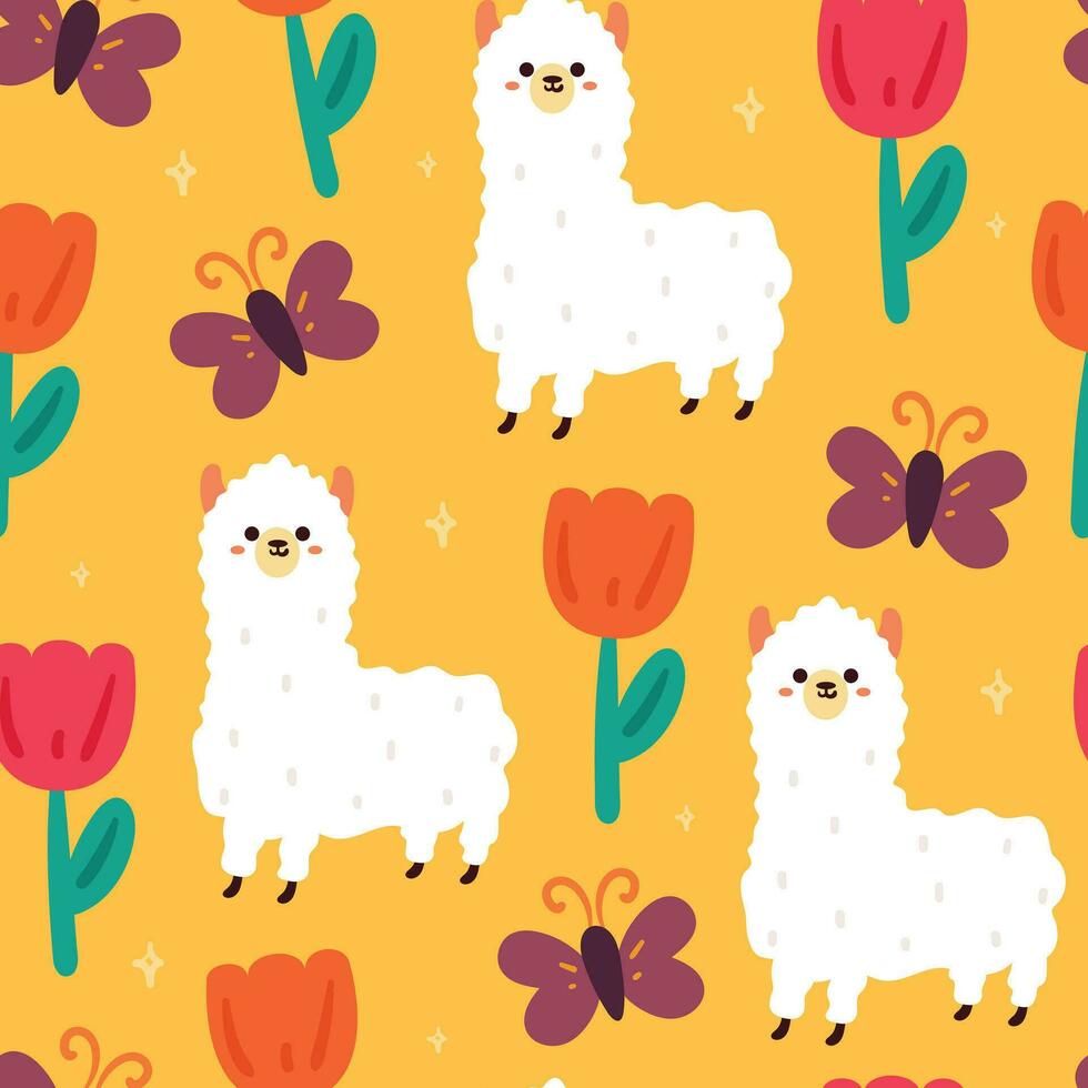 nahtlos Muster Hand Zeichnung Karikatur Lama mit Blume und Pflanze. süß Tier Hintergrund im lila Hintergrund zum Textil, Stoff drucken vektor