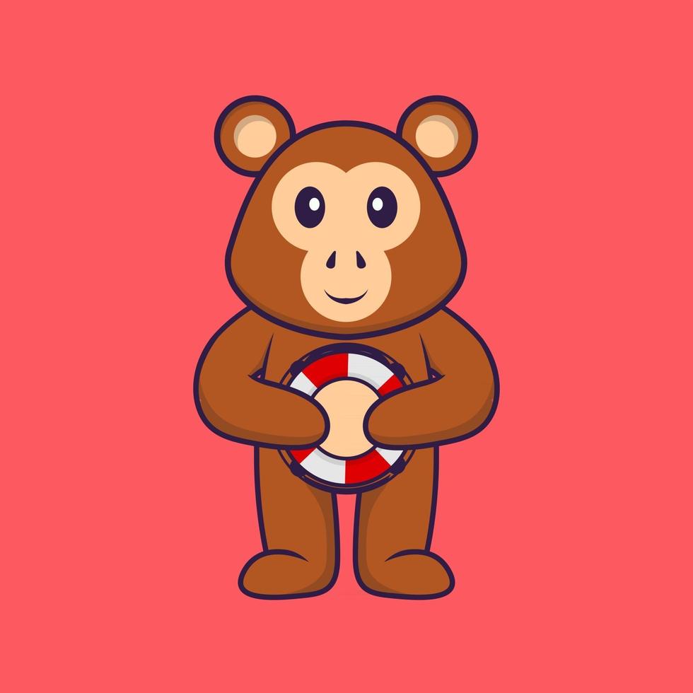 süßer Affe, der eine Boje hält. Tierkarikaturkonzept isoliert. kann für T-Shirt, Grußkarte, Einladungskarte oder Maskottchen verwendet werden. flacher Cartoon-Stil vektor