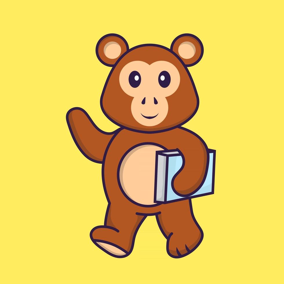 süßer Affe, der ein Buch hält. Tierkarikaturkonzept isoliert. kann für T-Shirt, Grußkarte, Einladungskarte oder Maskottchen verwendet werden. flacher Cartoon-Stil vektor