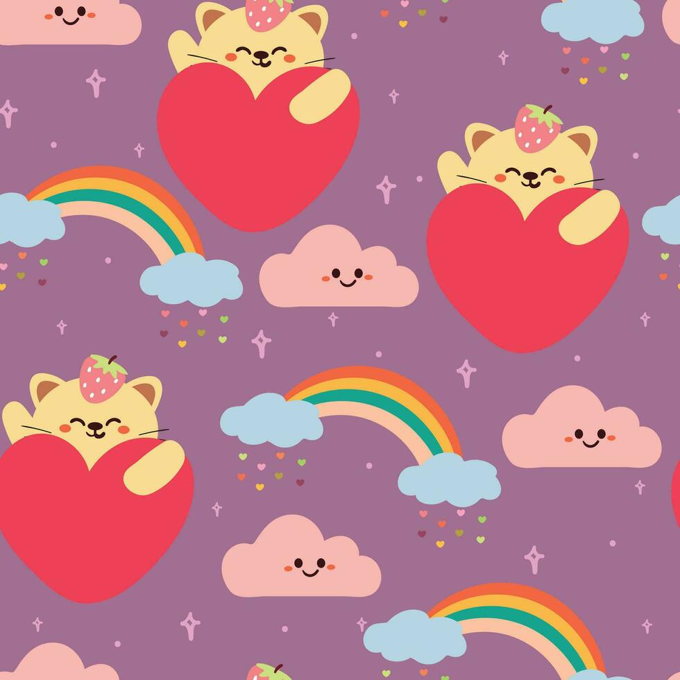 nahtlos Muster Karikatur Katze mit Herz Form, Regenbogen und Wolken im lila Hintergrund. süß Hintergrund zum Stoff drucken, Geschenk wickeln Papier vektor