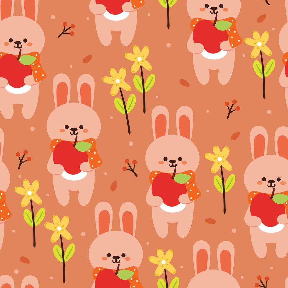 nahtlos Muster Karikatur Hase halten ein Apfel mit Blätter, Blume und Herbst Stimmung Element. süß Herbst Hintergrund zum Urlaub. Design zum Stoff, eben Design, Geschenk wickeln Papier vektor