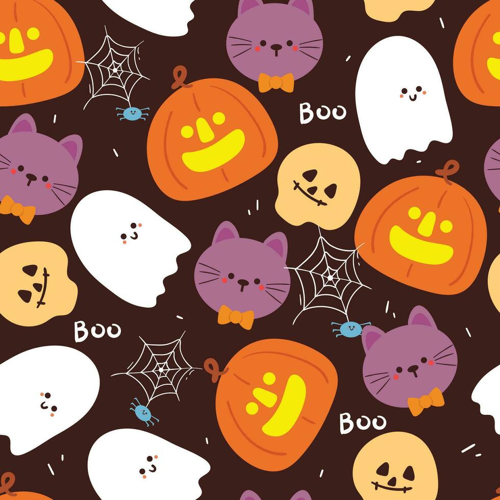 halloween sömlös mönster med tecknad serie pumpa, katt, spöke, och halloween element. söt halloween tapet för Semester tema, gåva slå in papper vektor