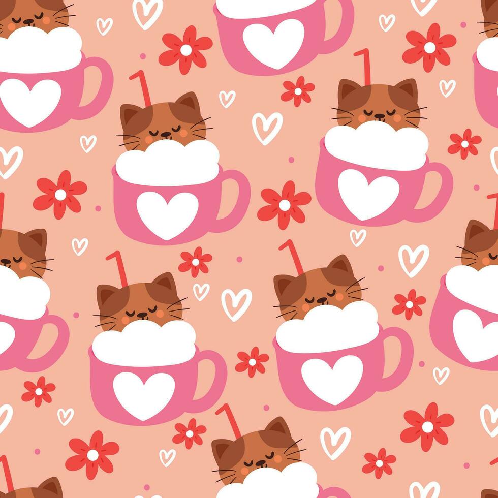 süß nahtlos Muster Karikatur Katze mit süß Dessert und Erdbeere. Tier Hintergrund zum Kinder, Textil, Stoff drucken, Geschenk wickeln Papier vektor