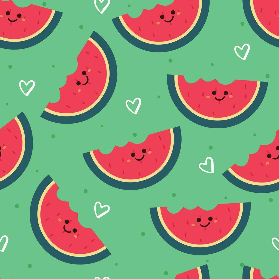 sömlös mönster tecknad serie vattenmelon karaktär i mynta bakgrund. söt tapet för tyg skriva ut, gåva slå in papper vektor