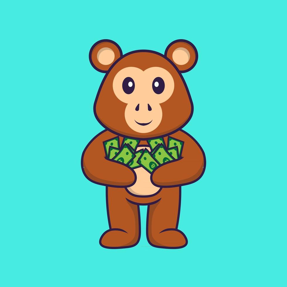 süßer Affe, der Geld hält. Tierkarikaturkonzept isoliert. kann für T-Shirt, Grußkarte, Einladungskarte oder Maskottchen verwendet werden. flacher Cartoon-Stil vektor