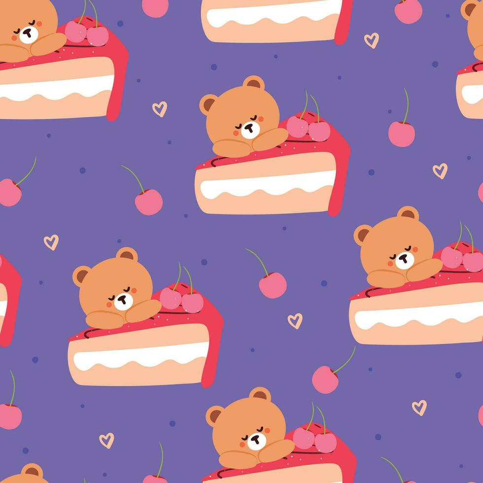 sömlös mönster tecknad serie Björn och körsbär kaka. söt djur- tapet för textil, gåva slå in papper vektor
