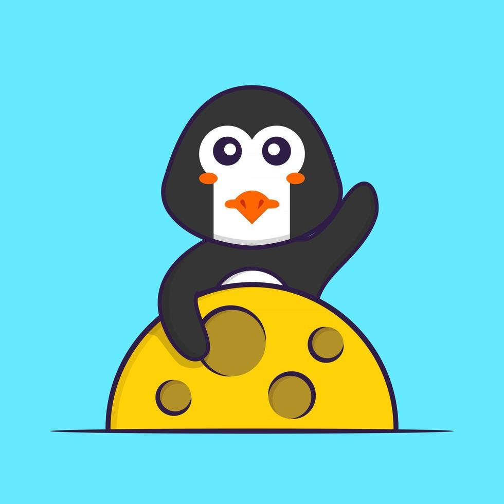 süßer Pinguin ist auf dem Mond. Tierkarikaturkonzept isoliert. kann für T-Shirt, Grußkarte, Einladungskarte oder Maskottchen verwendet werden. flacher Cartoon-Stil vektor