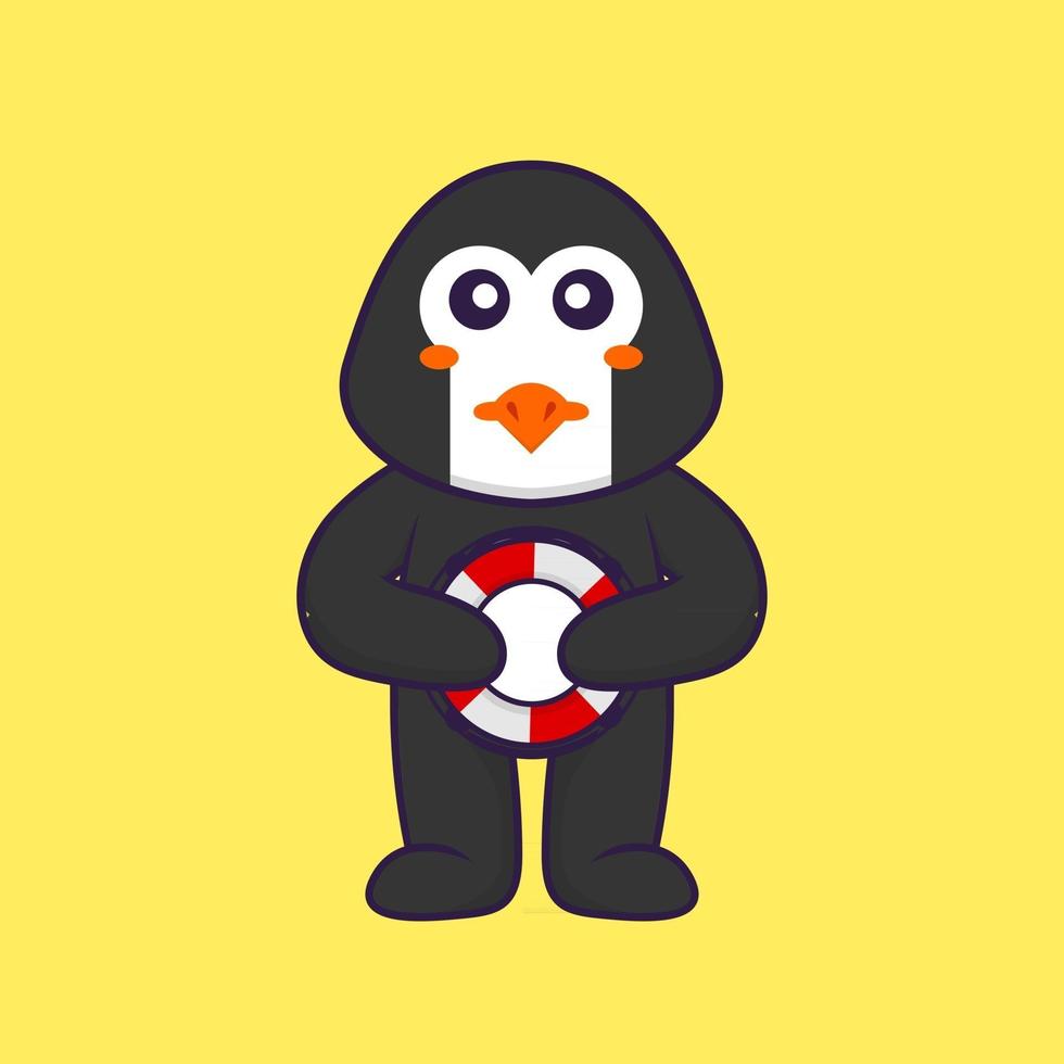 söt pingvin som håller en boj. djur tecknad koncept isolerad. kan användas för t-shirt, gratulationskort, inbjudningskort eller maskot. platt tecknad stil vektor