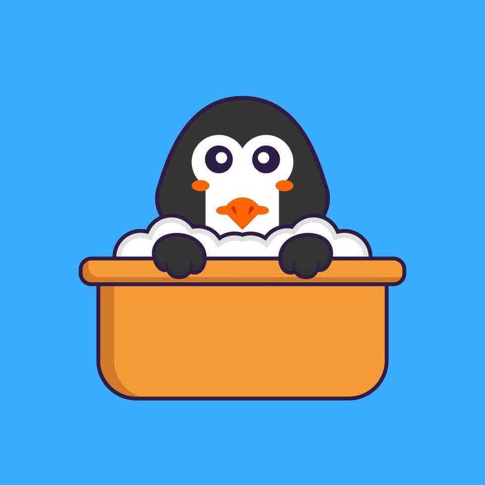 süßer Pinguin, der ein Bad in der Badewanne nimmt. Tierkarikaturkonzept isoliert. kann für T-Shirt, Grußkarte, Einladungskarte oder Maskottchen verwendet werden. flacher Cartoon-Stil vektor
