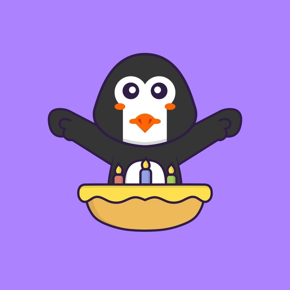 söt pingvin med födelsedagstårta. djur tecknad koncept isolerad. kan användas för t-shirt, gratulationskort, inbjudningskort eller maskot. platt tecknad stil vektor