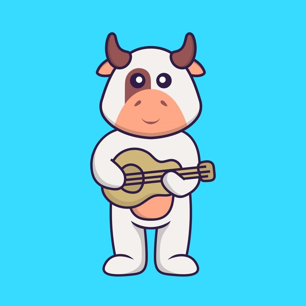 süße Kuh, die Gitarre spielt. Tierkarikaturkonzept isoliert. kann für T-Shirt, Grußkarte, Einladungskarte oder Maskottchen verwendet werden. flacher Cartoon-Stil vektor