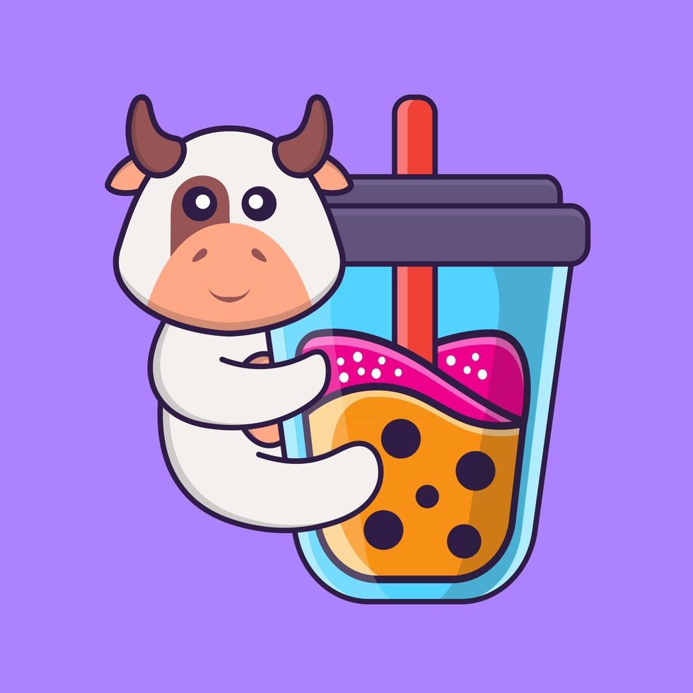 söt ko som dricker bobamjölkte. djur tecknad koncept isolerad. kan användas för t-shirt, gratulationskort, inbjudningskort eller maskot. platt tecknad stil vektor