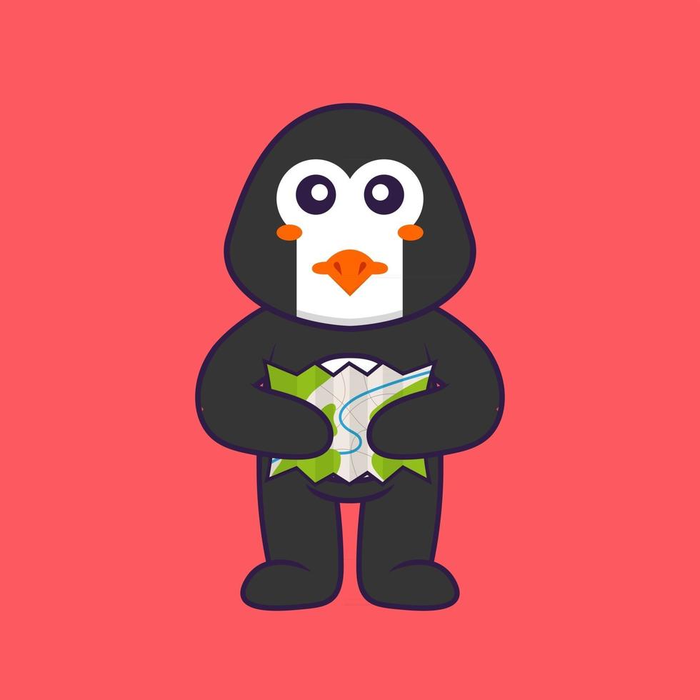 söt pingvin som håller en karta. djur tecknad koncept isolerad. kan användas för t-shirt, gratulationskort, inbjudningskort eller maskot. platt tecknad stil vektor