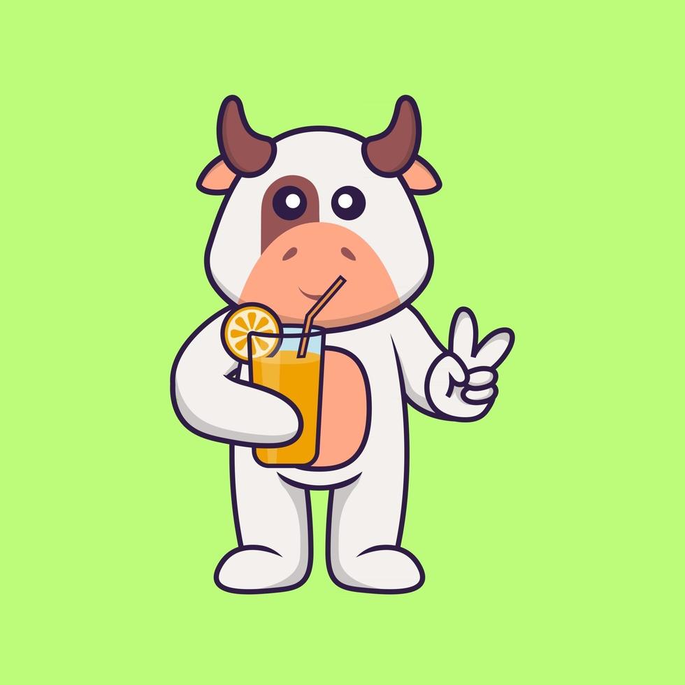 söt ko som håller apelsinjuice i glas. djur tecknad koncept isolerad. kan användas för t-shirt, gratulationskort, inbjudningskort eller maskot. platt tecknad stil vektor