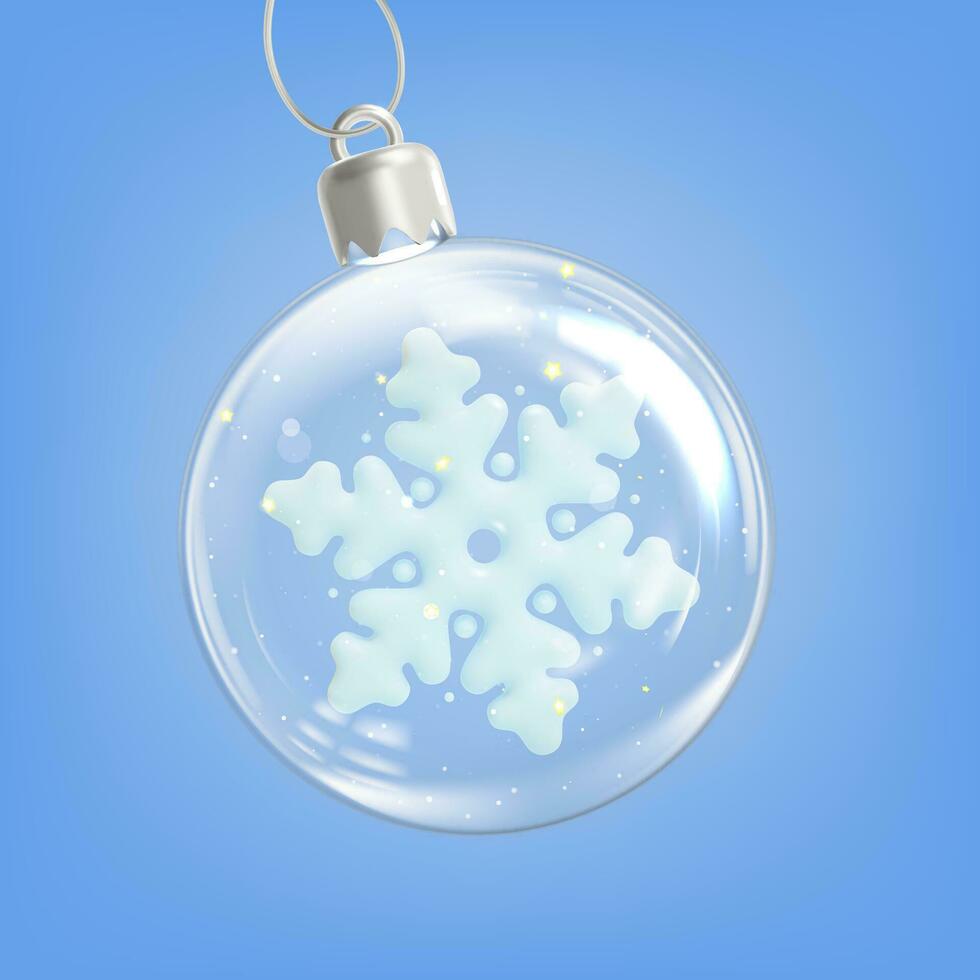 3d glad jul och Lycklig ny år begrepp glas boll transparent inuti vit snöflinga tecknad serie stil. vektor
