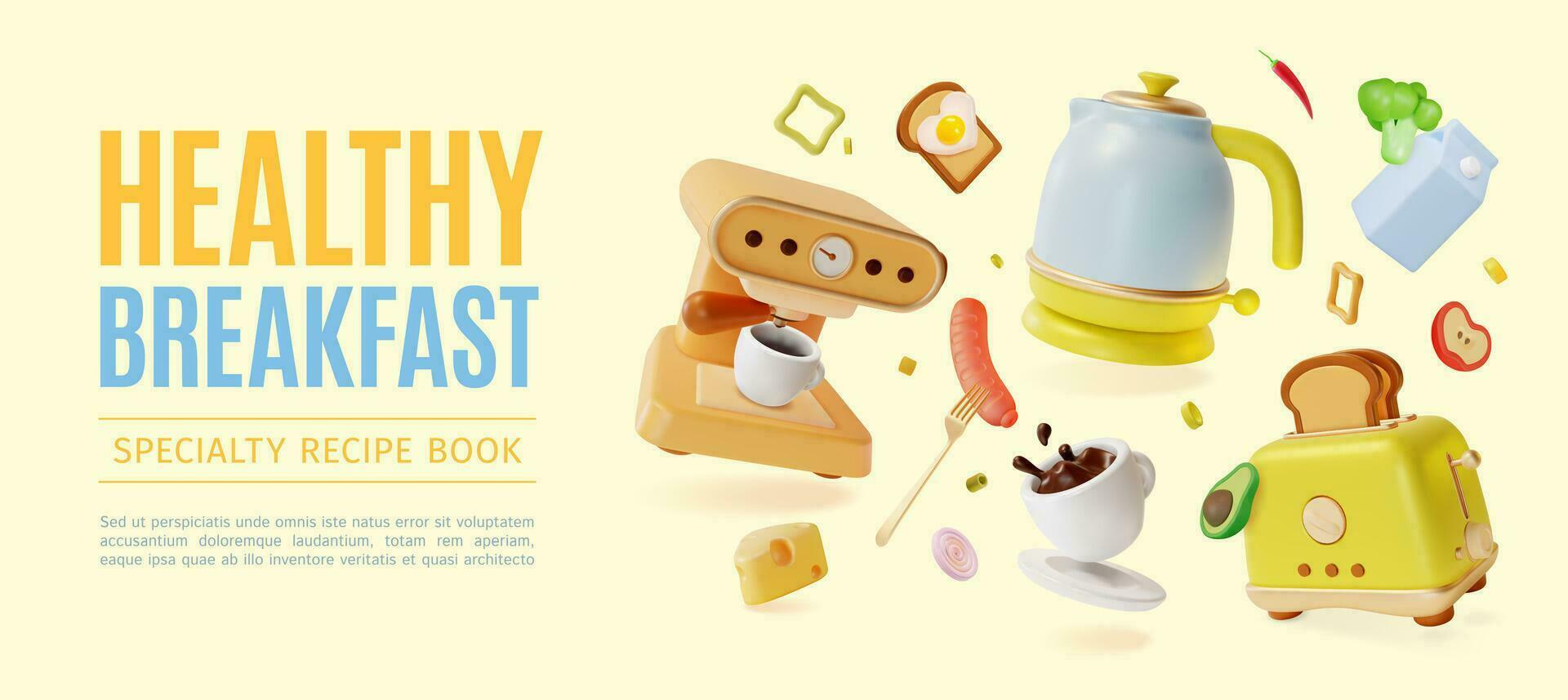 3d friska frukost specialitet recept bok plakat affisch baner kort mall tecknad serie stil. vektor