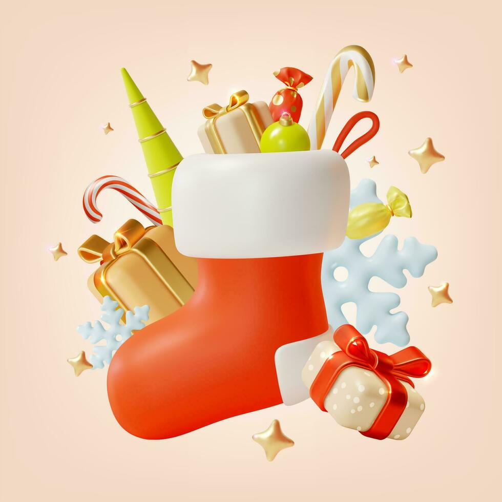 3d fröhlich Weihnachten und glücklich Neu Jahr Konzept Hintergrund mit Weihnachten rot Socke Karikatur Stil. Vektor