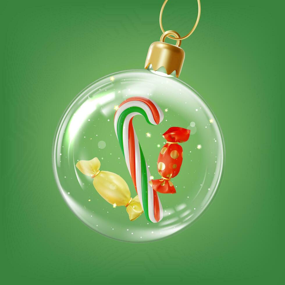 3d fröhlich Weihnachten und glücklich Neu Jahr Konzept Glas Ball transparent Innerhalb traditionell Weihnachten Süßigkeiten Karikatur Stil. Vektor