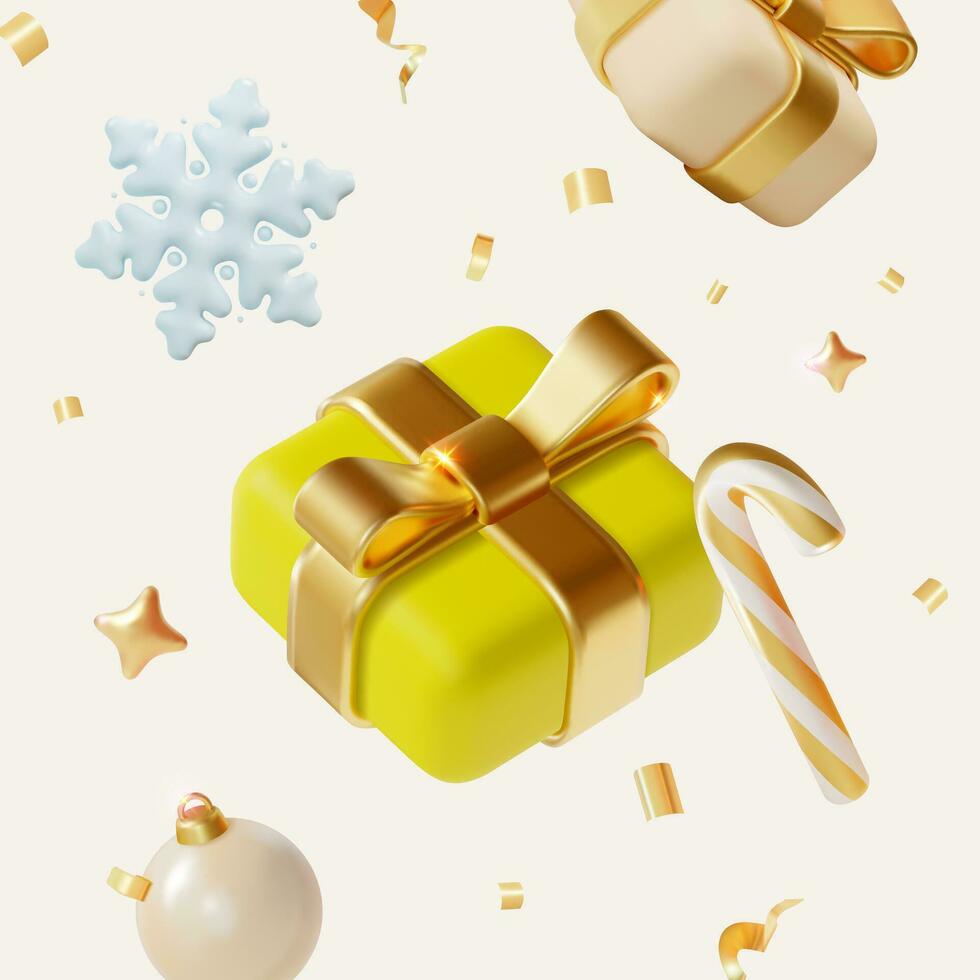 3d glad jul och Lycklig ny år begrepp bakgrund med flygande xmas gåva låda och godis sockerrör tecknad serie stil. vektor