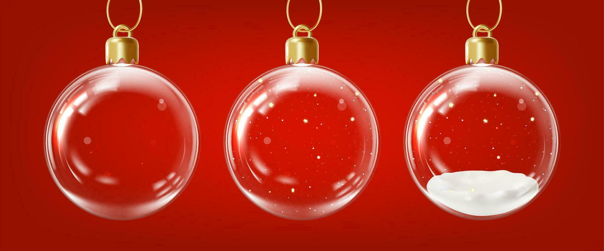 3d glad jul och Lycklig ny år begrepp glas boll transparent inuti snö och tömma tecknad serie stil. vektor