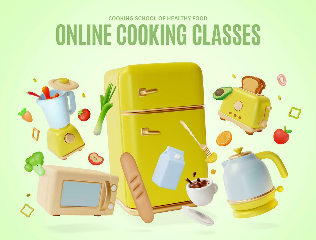 3d online Kochen Klassen Plakat Poster Banner Karte Vorlage Karikatur Stil. Vektor